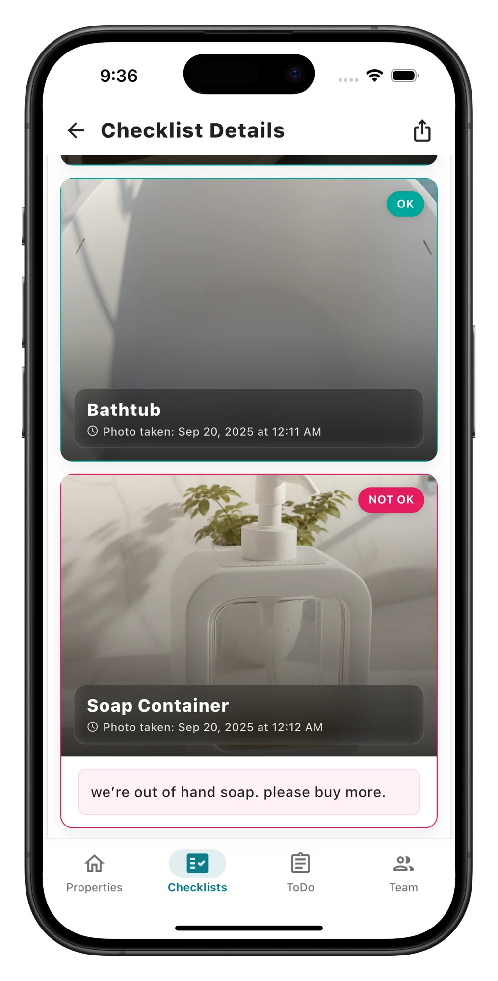 listo app Checklist Details screen showing a Bathtub item marked OK and a Soap Container item marked Not OK with the note 'we're out of hand soap. please buy more.'