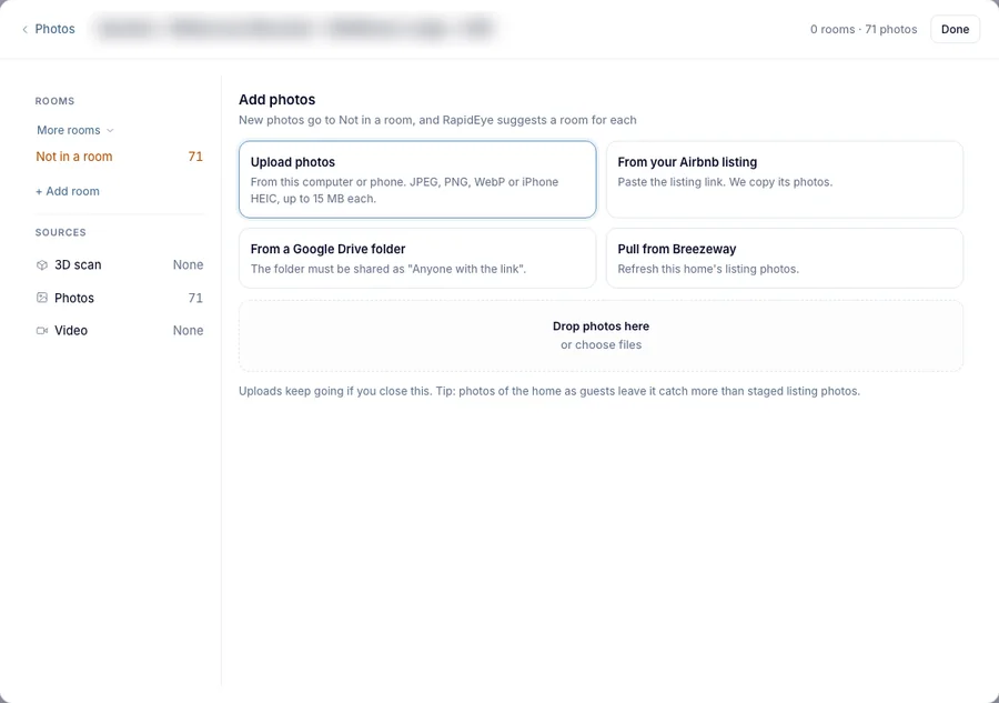 The baseline window on Add photos: Upload photos, From your Airbnb listing, From a Google Drive folder and Pull from Breezeway, with a drop zone