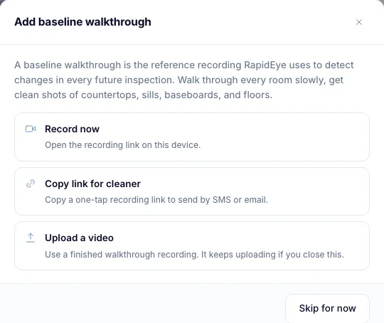 Add baseline walkthrough: Record now, Copy link for cleaner, Upload a video, and Skip for now