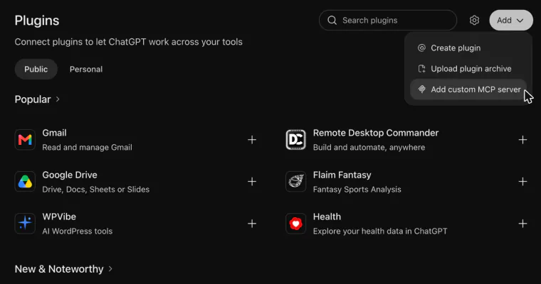ChatGPT's Plugins page with the Add menu open: Create plugin, Upload plugin archive and Add custom MCP server