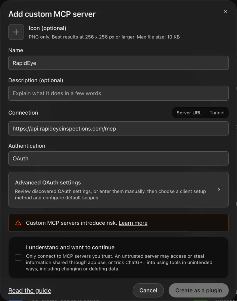 ChatGPT's Add custom MCP server form: the name RapidEye, the server URL, OAuth authentication, the I understand and want to continue box, and Create as a plugin
