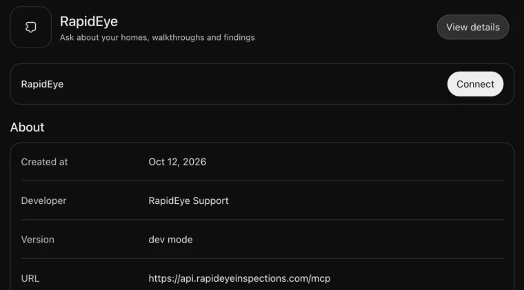 The RapidEye plugin page in ChatGPT with Connect next to RapidEye and the server URL under About