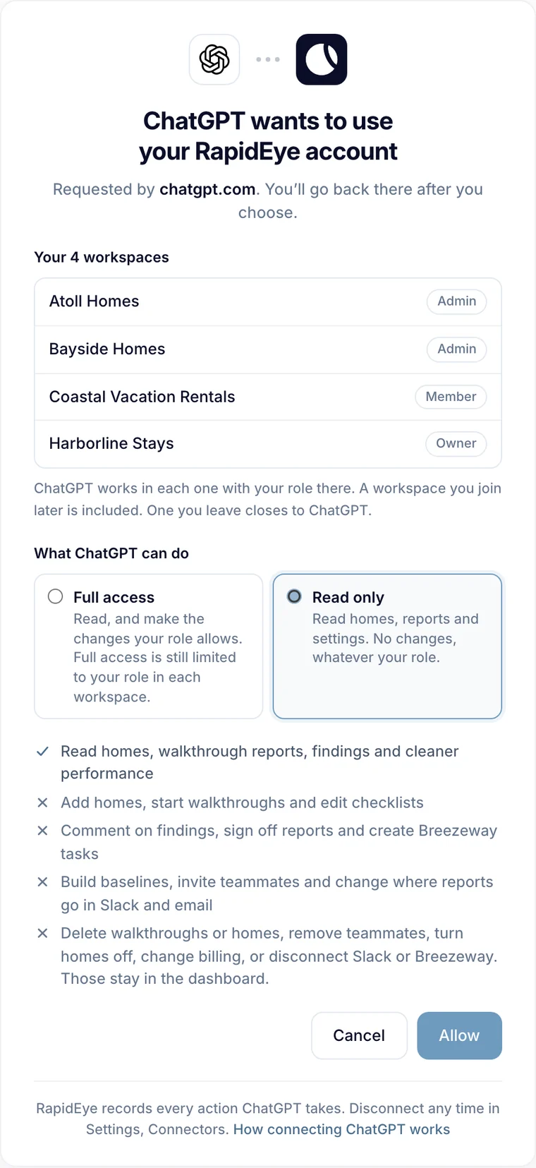 ChatGPT wants to use your RapidEye account: four workspaces with the role in each, Read only chosen, what ChatGPT can and can't do, and Cancel and Allow