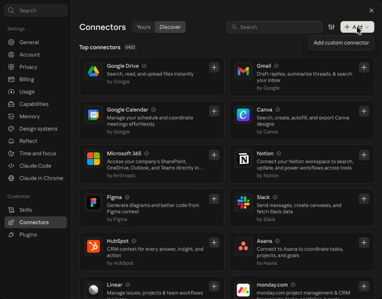 Claude's Connectors settings with the Add menu open, showing Add custom connector