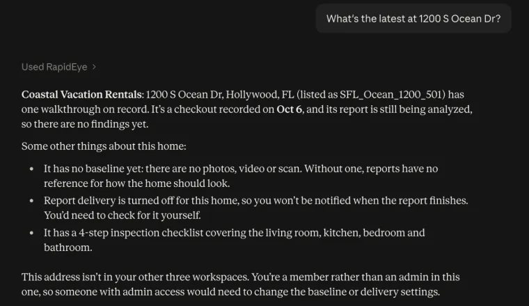 Claude answering What's the latest at 1200 S Ocean Dr? with the workspace, the latest walkthrough, the baseline, report delivery and the checklist