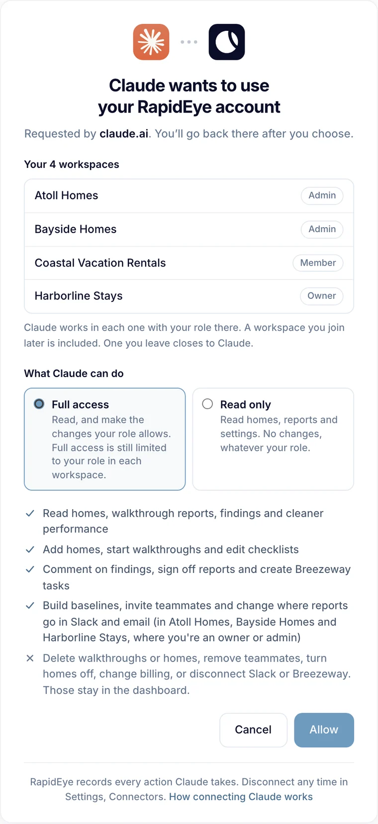 Claude wants to use your RapidEye account: four workspaces with the role in each, Full access chosen over Read only, what Claude can and can't do, and Cancel and Allow