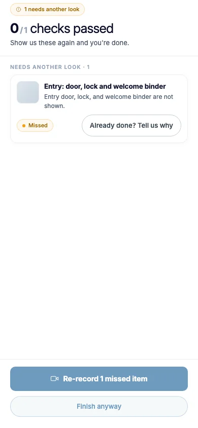 A phone showing 0 of 1 checks passed, one item that needs another look, and Already done? Tell us why