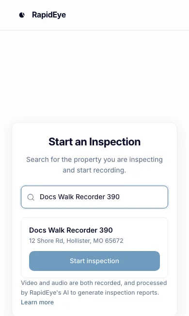 A phone showing Start an Inspection: a search box, a matching home, and Start inspection