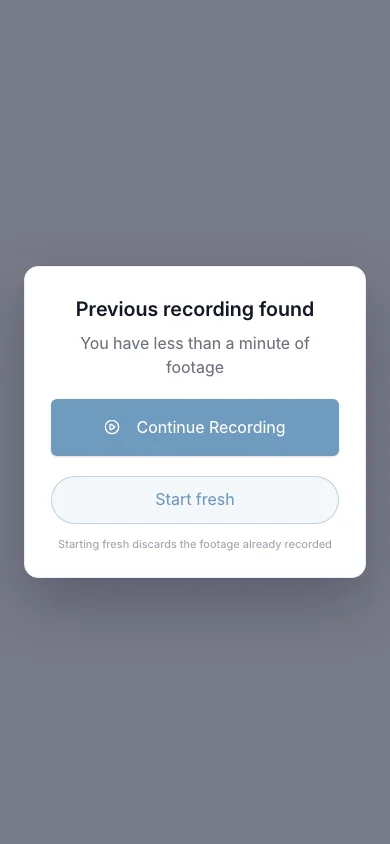 A phone showing Previous recording found, with Continue Recording and Start fresh
