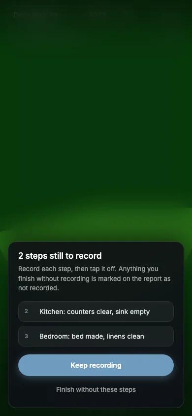A phone showing 2 steps still to record, with Keep recording and Finish without these steps