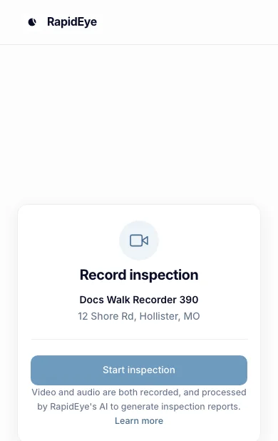 A phone showing Record inspection for one home, with a Start inspection button
