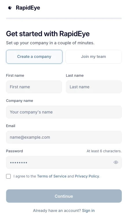 The Get started with RapidEye screen: Create a company selected, fields for first and last name, company name, email and password, the terms box and a Continue button