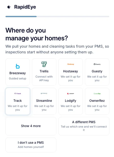 Where do you manage your homes? with cards for Breezeway, Trellis, Hostaway, Guesty, Track, Streamline, Lodgify and OwnerRez, plus A different PMS and I don't use a PMS