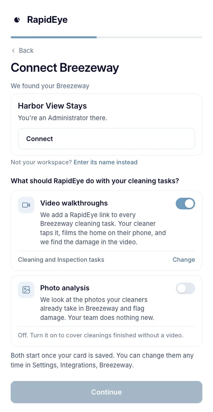 Connect Breezeway: the workspace name field with Connect, then Video walkthroughs switched on for cleaning and inspection tasks and Photo analysis switched off