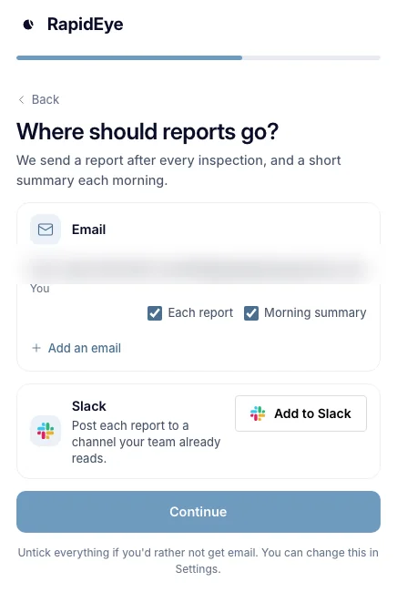 Where should reports go? with your email address ticked for Each report and Morning summary, Add an email, and Add to Slack