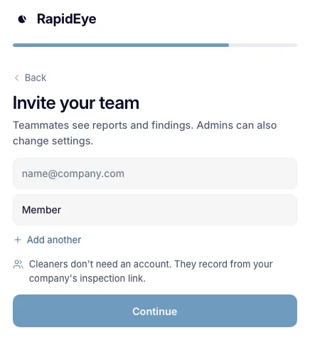Invite your team: an email field with a Member role, Add another, and a note that cleaners don't need an account