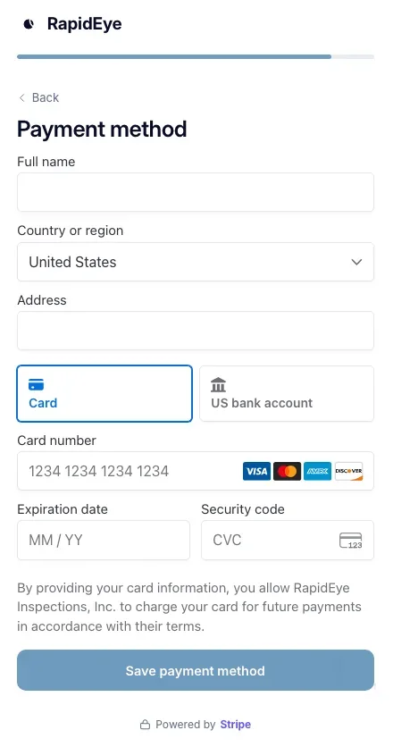 Payment method: full name, country, address, a choice of Card or US bank account, card number, expiry and security code, and Save payment method