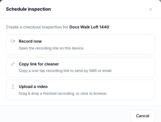 The Schedule inspection window for a home, with Record now, Copy link for cleaner and Upload a video