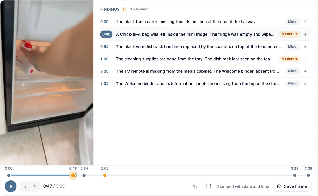 The report player on the sample report: the walkthrough paused on a finding, the findings list, a timeline with a dot per finding, frame-step arrows, and Save frame stamped with the date and time